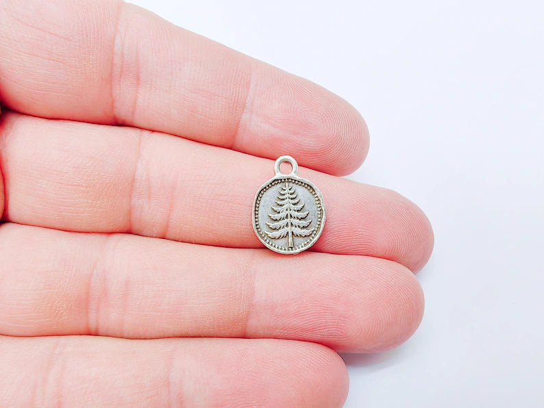 4 Pine Tree Flower Charm, Double Sided Botanical, Organic Shape Plant Charm, Nature Earring, Floral Tag, Antique Silver Plated 16x12mm G37316