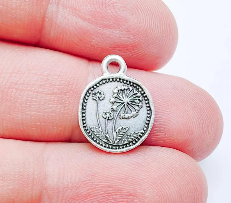 4 Pcs Dandelion Flower Charm, Double Sided Botanical, Organic Shape Plant Charm, Nature Earring, Floral Tag, Antique Silver Plated 16x13mm G37317