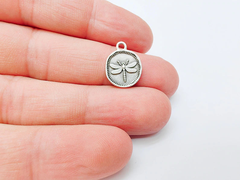 4 Dragonfly Pendant, Double Sided Charm, Insect Jewelry Supply, Nature Bracelet Charm, Earring Charm, Antique Silver Plated 16x12mm G37321