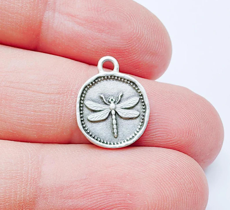 4 Dragonfly Pendant, Double Sided Charm, Insect Jewelry Supply, Nature Bracelet Charm, Earring Charm, Antique Silver Plated 16x12mm G37321