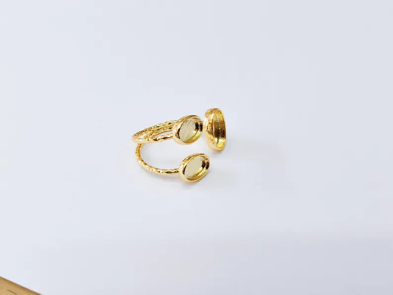 Oval Gold ring setting cabochon mounting adjustable ring base bezel 24k Shiny Gold plated brass G37326