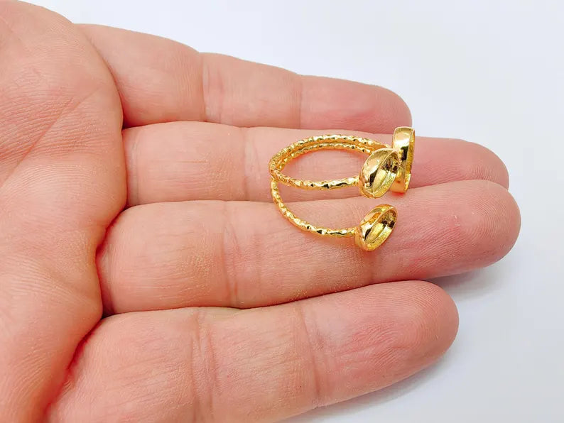 Oval Gold ring setting cabochon mounting adjustable ring base bezel 24k Shiny Gold plated brass G37326