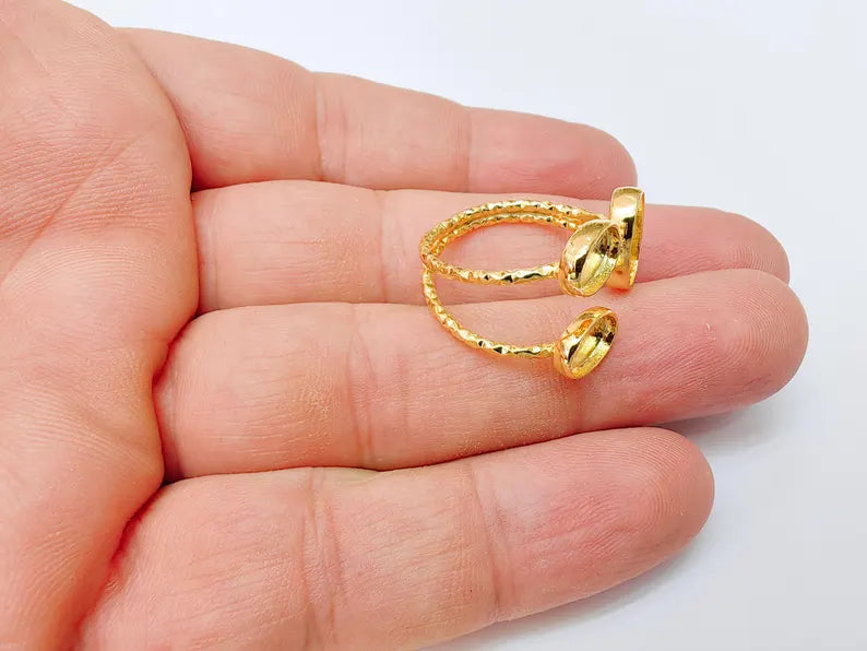 Oval Gold ring setting cabochon mounting adjustable ring base bezel 24k Shiny Gold plated brass G37326