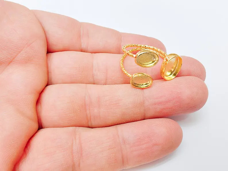 Oval Gold ring setting cabochon mounting adjustable ring base bezel 24k Shiny Gold plated brass G37326