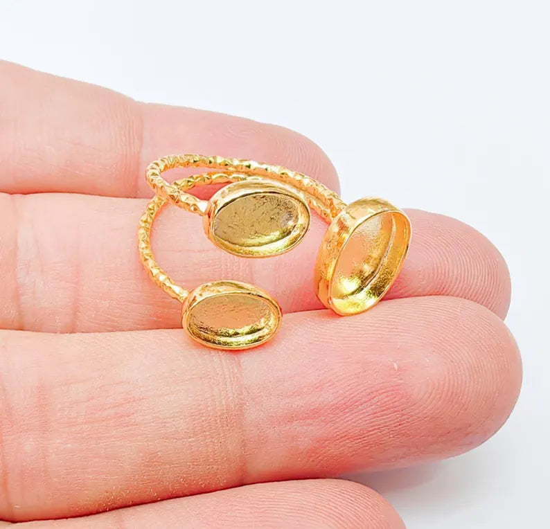 Oval Gold ring setting cabochon mounting adjustable ring base bezel 24k Shiny Gold plated brass G37326