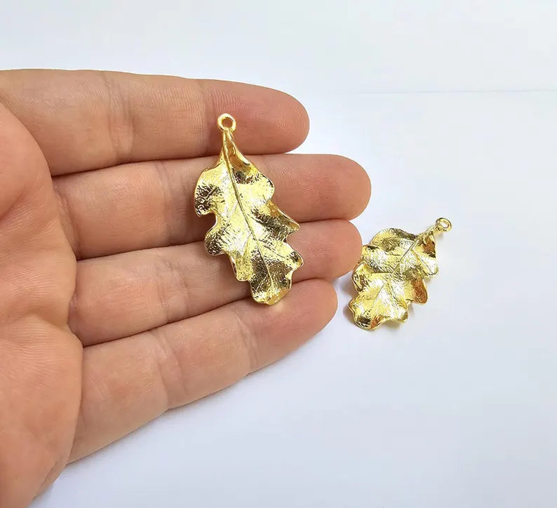 Gold Oak Leaf Pendant, 24K Shiny Gold Charm, Nature Jewelry Making Supply, Nikel Free, Lead Free (46x22mm) G37327