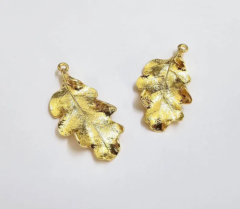 Gold Oak Leaf Pendant, 24K Shiny Gold Charm, Nature Jewelry Making Supply, Nikel Free, Lead Free (46x22mm) G37327