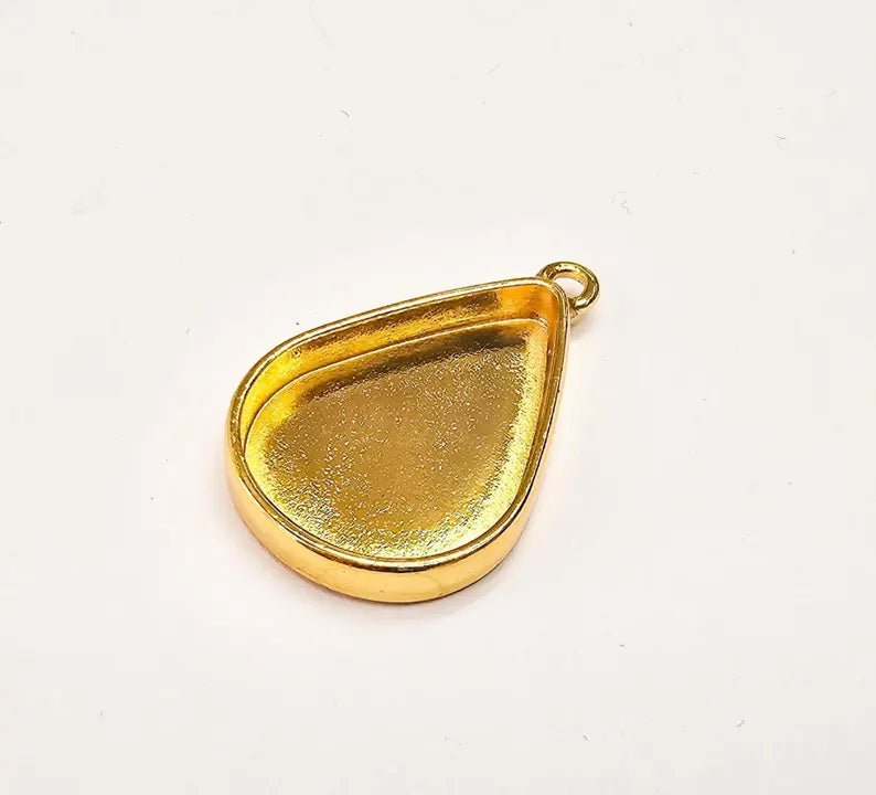Gold Teardrop Bezel Pendant, 24K Shiny Gold Charm, Nickel Free, Lead Free, Jewelry Making Blank Setting (25x18mm) G37329