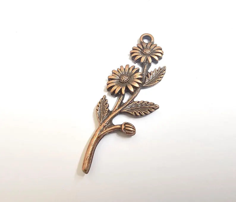 Flower Branch Pendant, Botanical Charm, Daisy Floral Necklace Supply, Nature Inspired Jewelry Making, Antique Copper Plated 46x17mm G37330