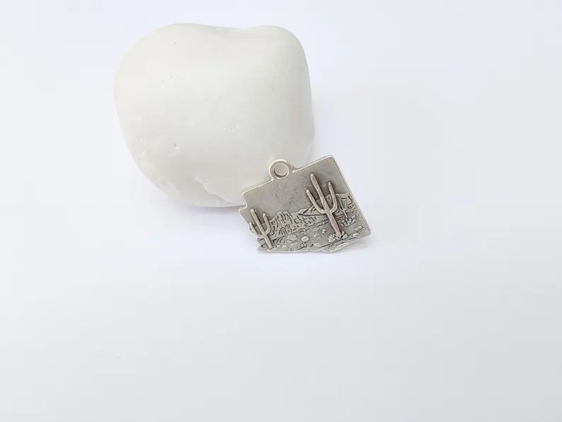 Desert Landscape Pendant, Boho Western Cactus Charm, Southwestern Jewelry, Mountain Nature Earring, Antique Silver Plated 25x24mm G37311