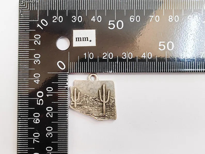 Desert Landscape Pendant, Boho Western Cactus Charm, Southwestern Jewelry, Mountain Nature Earring, Antique Silver Plated 25x24mm G37311