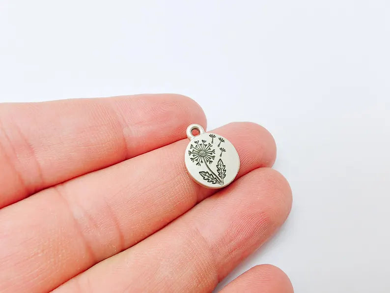 4 Dandelion Flower Charm, Double Sided Botanical, Organic Shape Plant Charm, Nature Earring, Floral Tag, Antique Silver Plated 16x13mm G37313