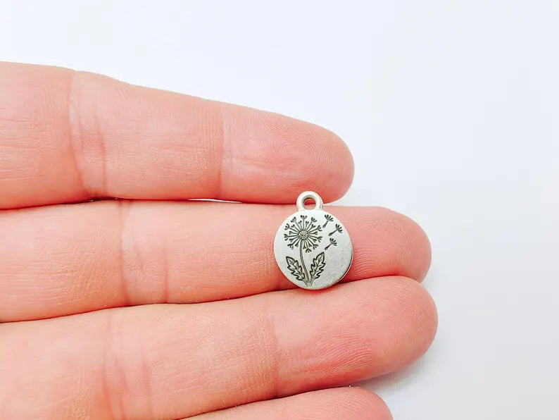 4 Dandelion Flower Charm, Double Sided Botanical, Organic Shape Plant Charm, Nature Earring, Floral Tag, Antique Silver Plated 16x13mm G37313