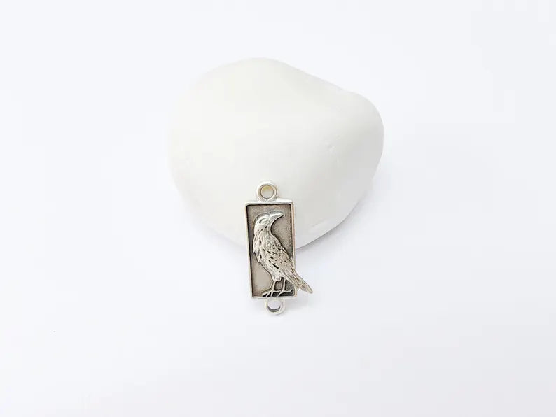 2 Raven Charm Pendant Connector, Gothic Boho Charm, Nature Earring Charm, Mystical Bird, Necklace Parts, Antique Silver Plated 29x13mm G37314