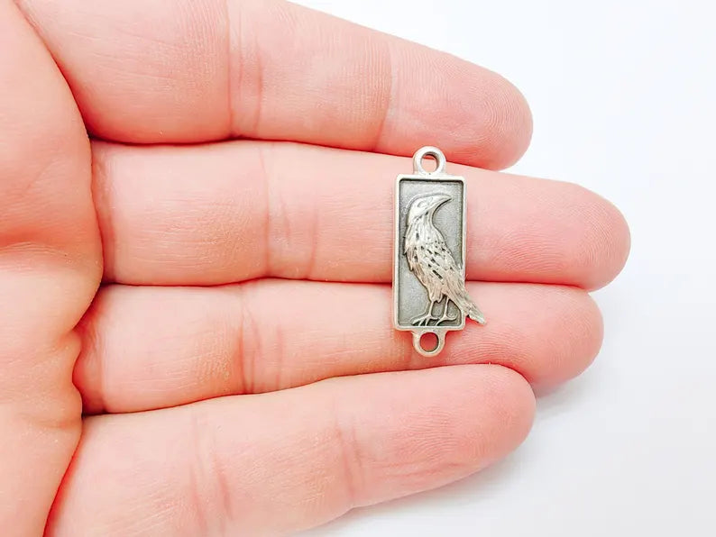 2 Raven Charm Pendant Connector, Gothic Boho Charm, Nature Earring Charm, Mystical Bird, Necklace Parts, Antique Silver Plated 29x13mm G37314