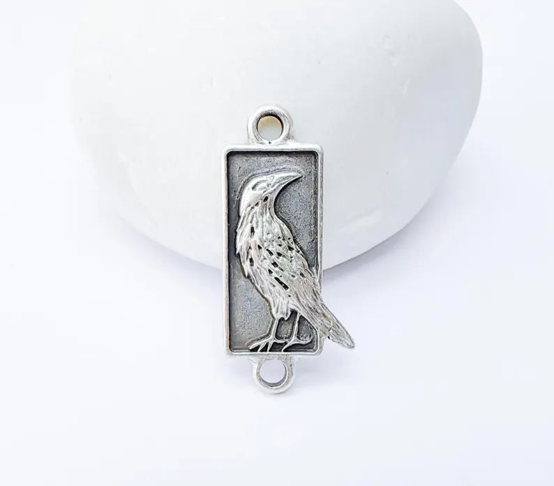2 Raven Charm Pendant Connector, Gothic Boho Charm, Nature Earring Charm, Mystical Bird, Necklace Parts, Antique Silver Plated 29x13mm G37314