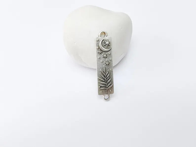 Moon and Stars Plant Charms Connector, Crescent Earring Charms, Celestial and Nature Inspired Charm, Antique Silver Plated 42x10mm G37315