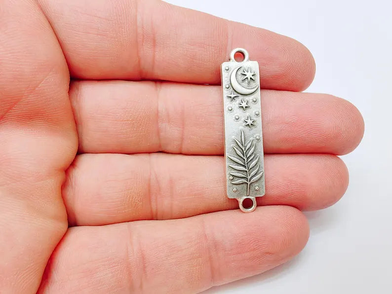 Moon and Stars Plant Charms Connector, Crescent Earring Charms, Celestial and Nature Inspired Charm, Antique Silver Plated 42x10mm G37315