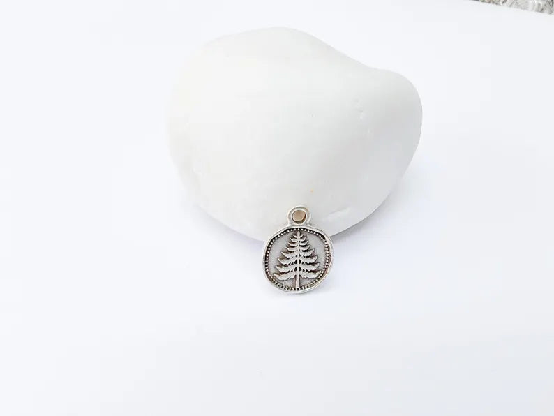 4 Pine Tree Flower Charm, Double Sided Botanical, Organic Shape Plant Charm, Nature Earring, Floral Tag, Antique Silver Plated 16x12mm G37316