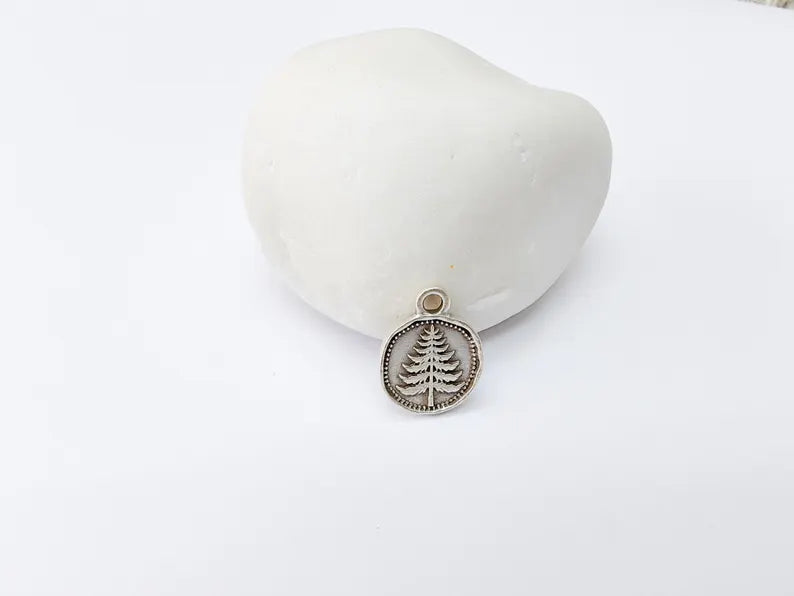 4 Pine Tree Flower Charm, Double Sided Botanical, Organic Shape Plant Charm, Nature Earring, Floral Tag, Antique Silver Plated 16x12mm G37316