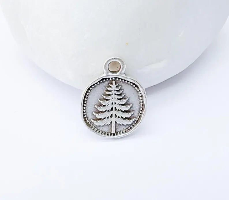 4 Pine Tree Flower Charm, Double Sided Botanical, Organic Shape Plant Charm, Nature Earring, Floral Tag, Antique Silver Plated 16x12mm G37316