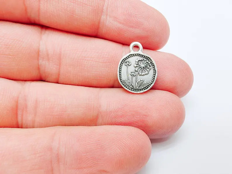 4 Pcs Dandelion Flower Charm, Double Sided Botanical, Organic Shape Plant Charm, Nature Earring, Floral Tag, Antique Silver Plated 16x13mm G37317