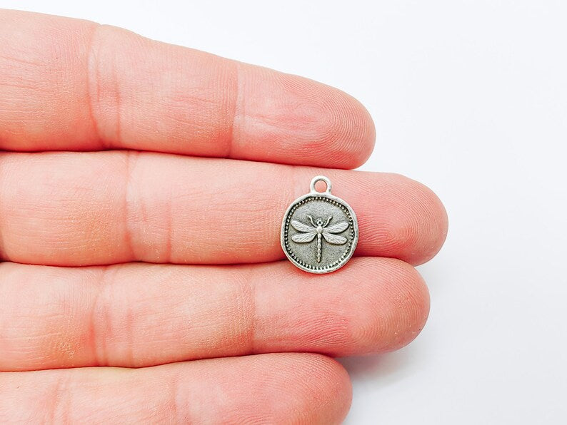 4 Dragonfly Pendant, Double Sided Charm, Insect Jewelry Supply, Nature Bracelet Charm, Earring Charm, Antique Silver Plated 16x12mm G37321