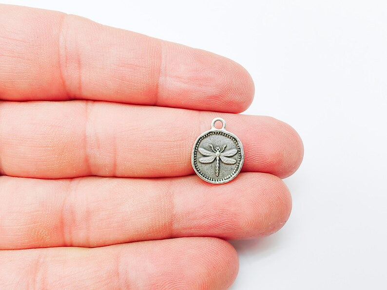 4 Dragonfly Pendant, Double Sided Charm, Insect Jewelry Supply, Nature Bracelet Charm, Earring Charm, Antique Silver Plated 16x12mm G37321