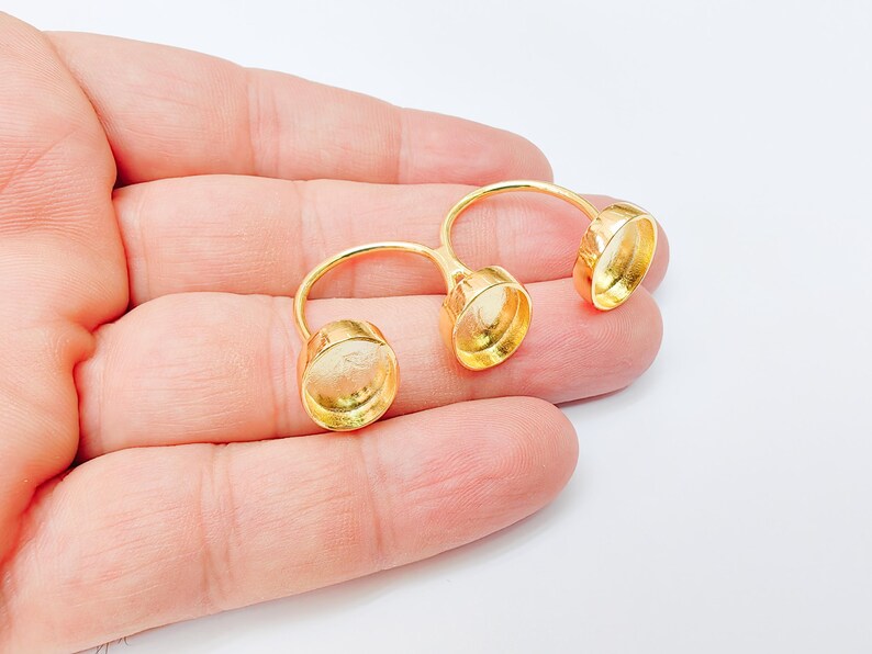 Triple Tray Ring Base Setting, Cabochon Blank, Resin Bezel Mounting, Epoxy Frame, Adjustable Shiny Gold Plated Brass 14x10mm G37322