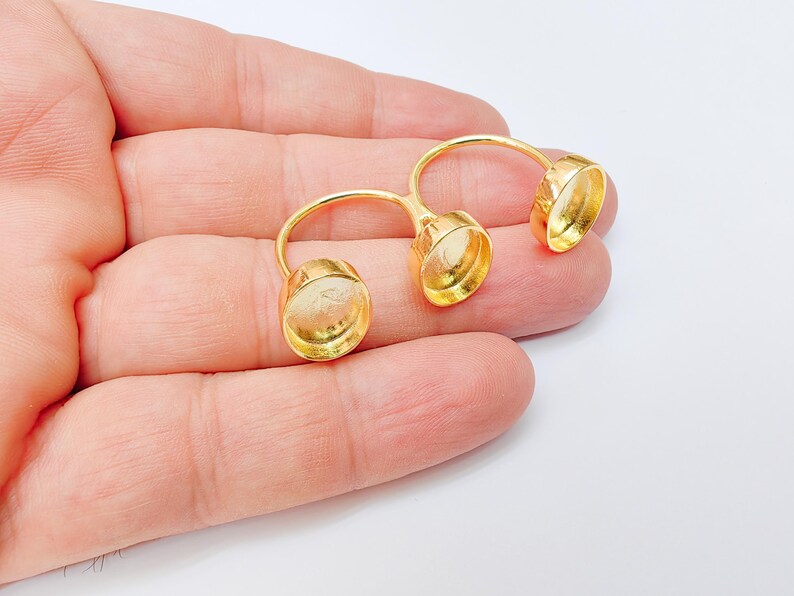Triple Tray Ring Base Setting, Cabochon Blank, Resin Bezel Mounting, Epoxy Frame, Adjustable Shiny Gold Plated Brass 14x10mm G37322