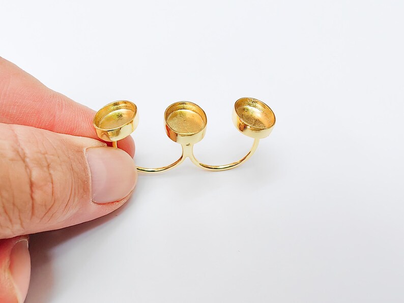 Triple Tray Ring Base Setting, Cabochon Blank, Resin Bezel Mounting, Epoxy Frame, Adjustable Shiny Gold Plated Brass 14x10mm G37322