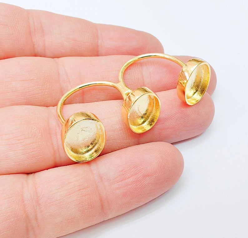 Triple Tray Ring Base Setting, Cabochon Blank, Resin Bezel Mounting, Epoxy Frame, Adjustable Shiny Gold Plated Brass 14x10mm G37322