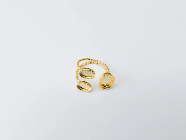 Oval Gold ring setting cabochon mounting adjustable ring base bezel 24k Shiny Gold plated brass G37326