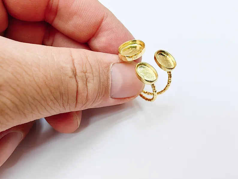 Oval Gold ring setting cabochon mounting adjustable ring base bezel 24k Shiny Gold plated brass G37326