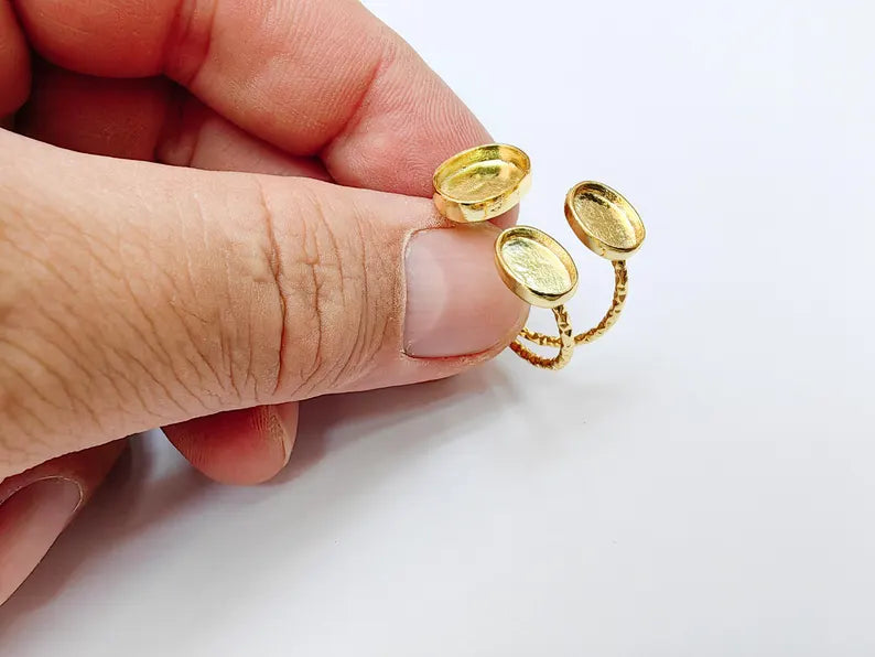 Oval Gold ring setting cabochon mounting adjustable ring base bezel 24k Shiny Gold plated brass G37326