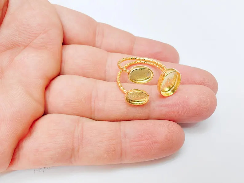 Oval Gold ring setting cabochon mounting adjustable ring base bezel 24k Shiny Gold plated brass G37326