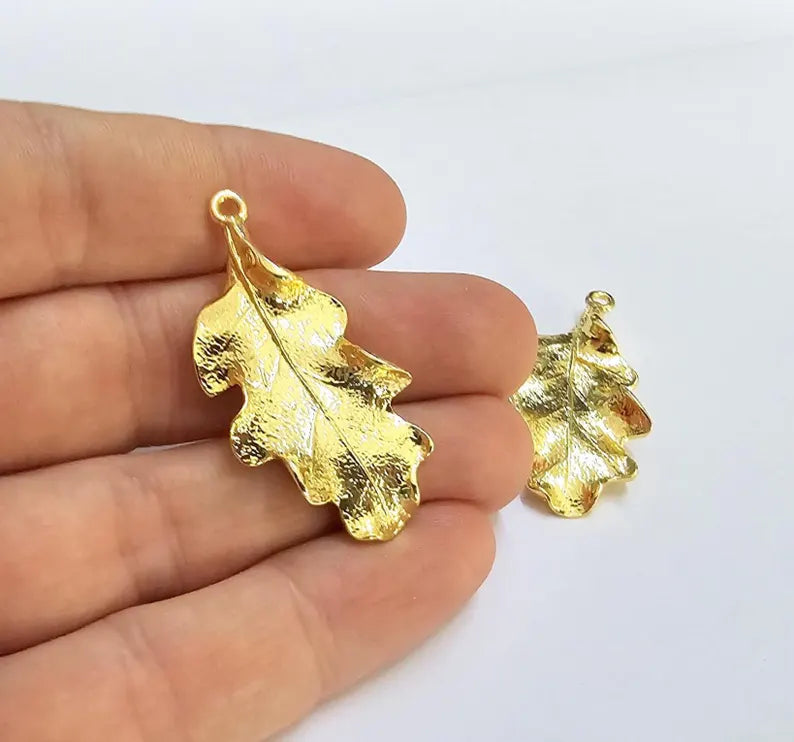 Gold Oak Leaf Pendant, 24K Shiny Gold Charm, Nature Jewelry Making Supply, Nikel Free, Lead Free (46x22mm) G37327