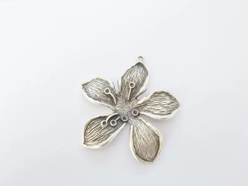Large Five Petal Flower Pendant, Antique Silver Plated Orchid Blossom Charm, Textured Daisy Floral Jewelry Making Supplies (72x70mm) G37328