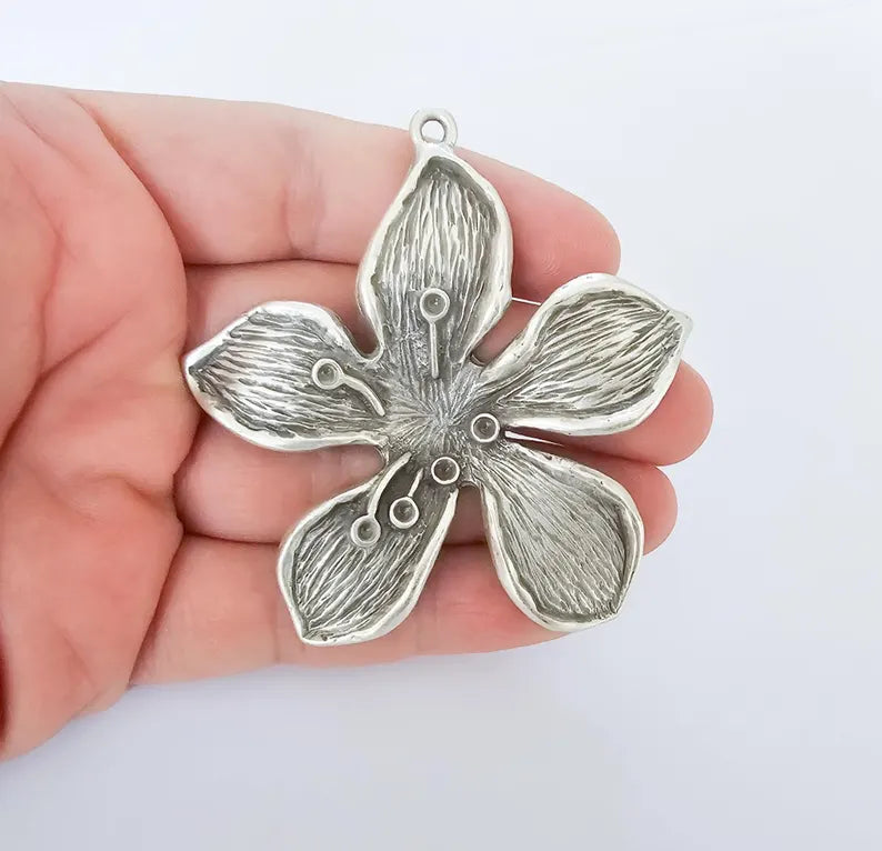 Large Five Petal Flower Pendant, Antique Silver Plated Orchid Blossom Charm, Textured Daisy Floral Jewelry Making Supplies (72x70mm) G37328