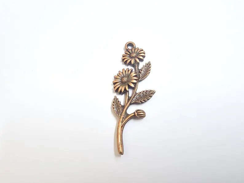 Flower Branch Pendant, Botanical Charm, Daisy Floral Necklace Supply, Nature Inspired Jewelry Making, Antique Copper Plated 46x17mm G37330