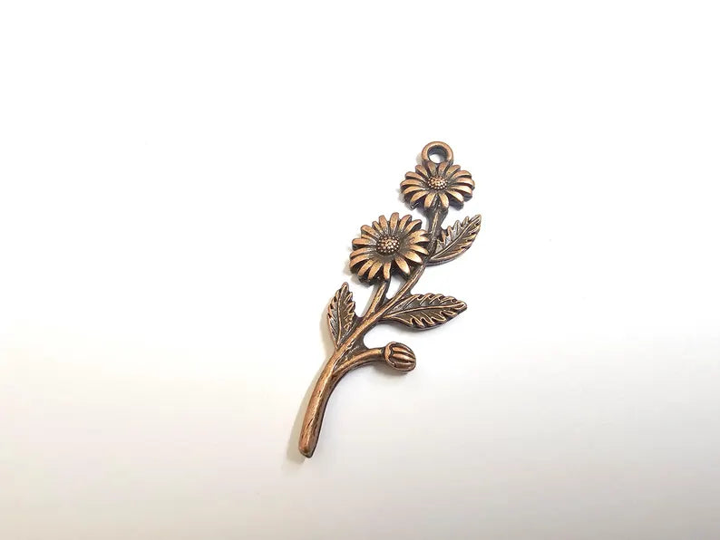 Flower Branch Pendant, Botanical Charm, Daisy Floral Necklace Supply, Nature Inspired Jewelry Making, Antique Copper Plated 46x17mm G37330
