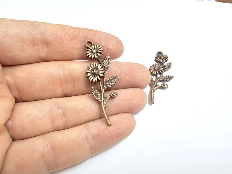 Flower Branch Pendant, Botanical Charm, Daisy Floral Necklace Supply, Nature Inspired Jewelry Making, Antique Copper Plated 46x17mm G37330