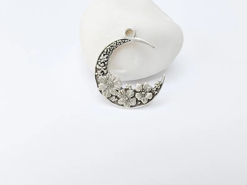 Crescent Moon Charm, Flower Celestial Pendant, Antique Silver Plated, Jewelry Making Supplies 33x28mm G37342