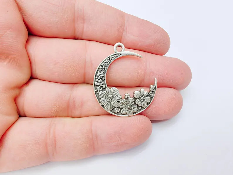 Crescent Moon Charm, Flower Celestial Pendant, Antique Silver Plated, Jewelry Making Supplies 33x28mm G37342
