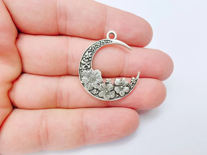 Crescent Moon Charm, Flower Celestial Pendant, Antique Silver Plated, Jewelry Making Supplies 33x28mm G37342