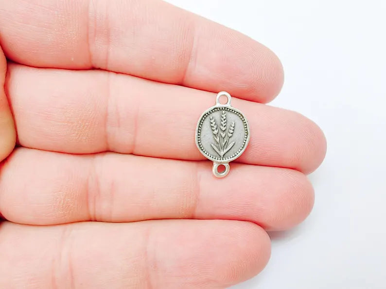 4 Lavender Connector Charm, Round Pendant, Double Sided, Antique Silver Plated, Jewelry Making Supplies 20x12mm G37343
