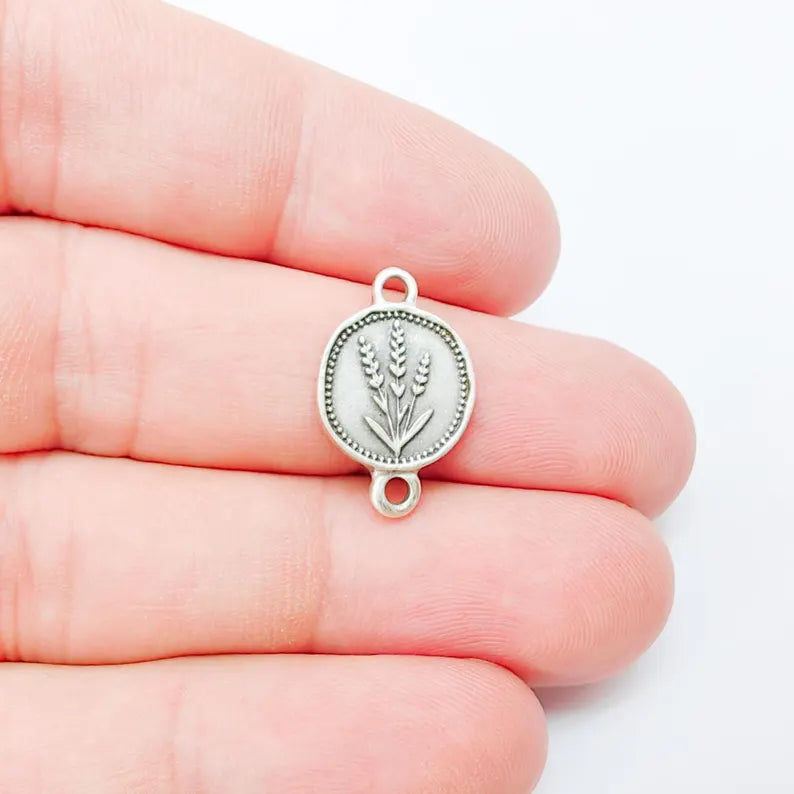 4 Lavender Connector Charm, Round Pendant, Double Sided, Antique Silver Plated, Jewelry Making Supplies 20x12mm G37343