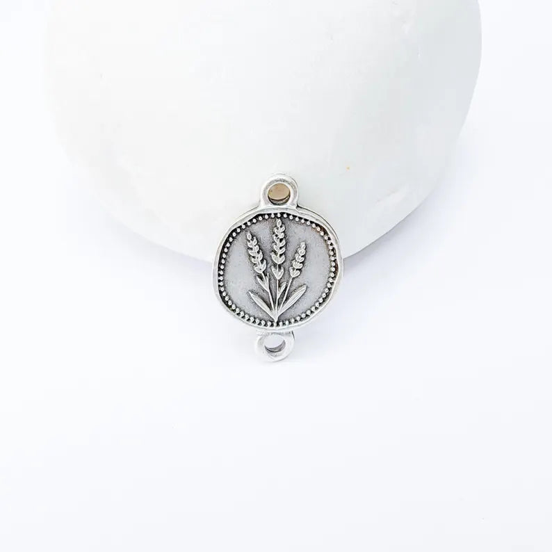 4 Lavender Connector Charm, Round Pendant, Double Sided, Antique Silver Plated, Jewelry Making Supplies 20x12mm G37343