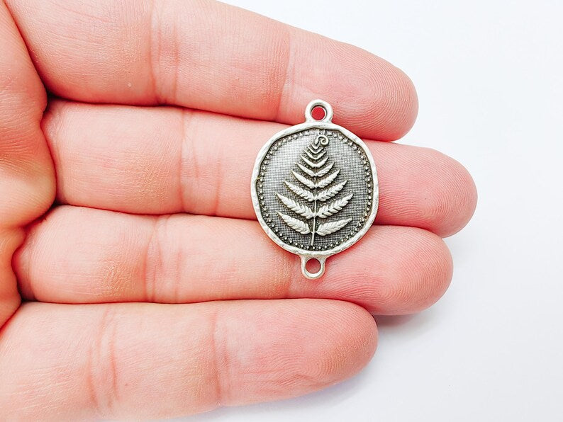 Fern Connector Charm, Botanical Pendant, Boho Jewelry Making Supplies, Antique Silver Plated, 31x22mm G37340
