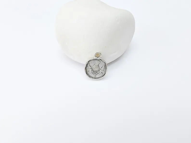 4 Thistle Charm, Double Sided Pendant, Boho Jewelry Making Supplies, Antique Silver Plated, 16x12mm G37341